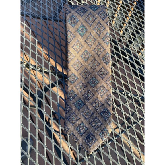 Lilly Daché Geometric Tie USA Made Brown Blue 80s 2 7/8" Wide Polyester Silk - Picture 1 of 5